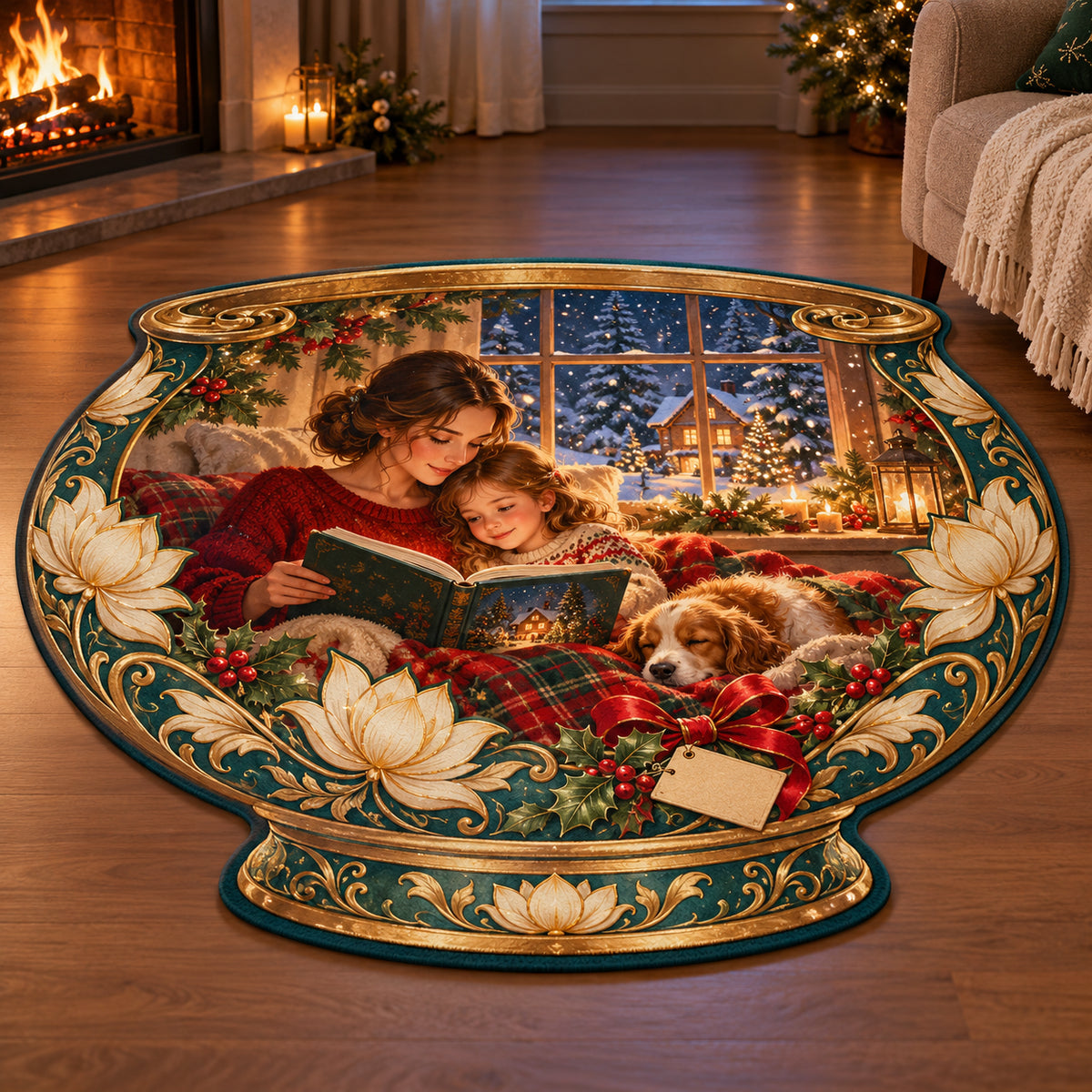 Christmas Singing Bowl Family Calm Custom Shape Area Rug flat printed mat in matching Christmas setting