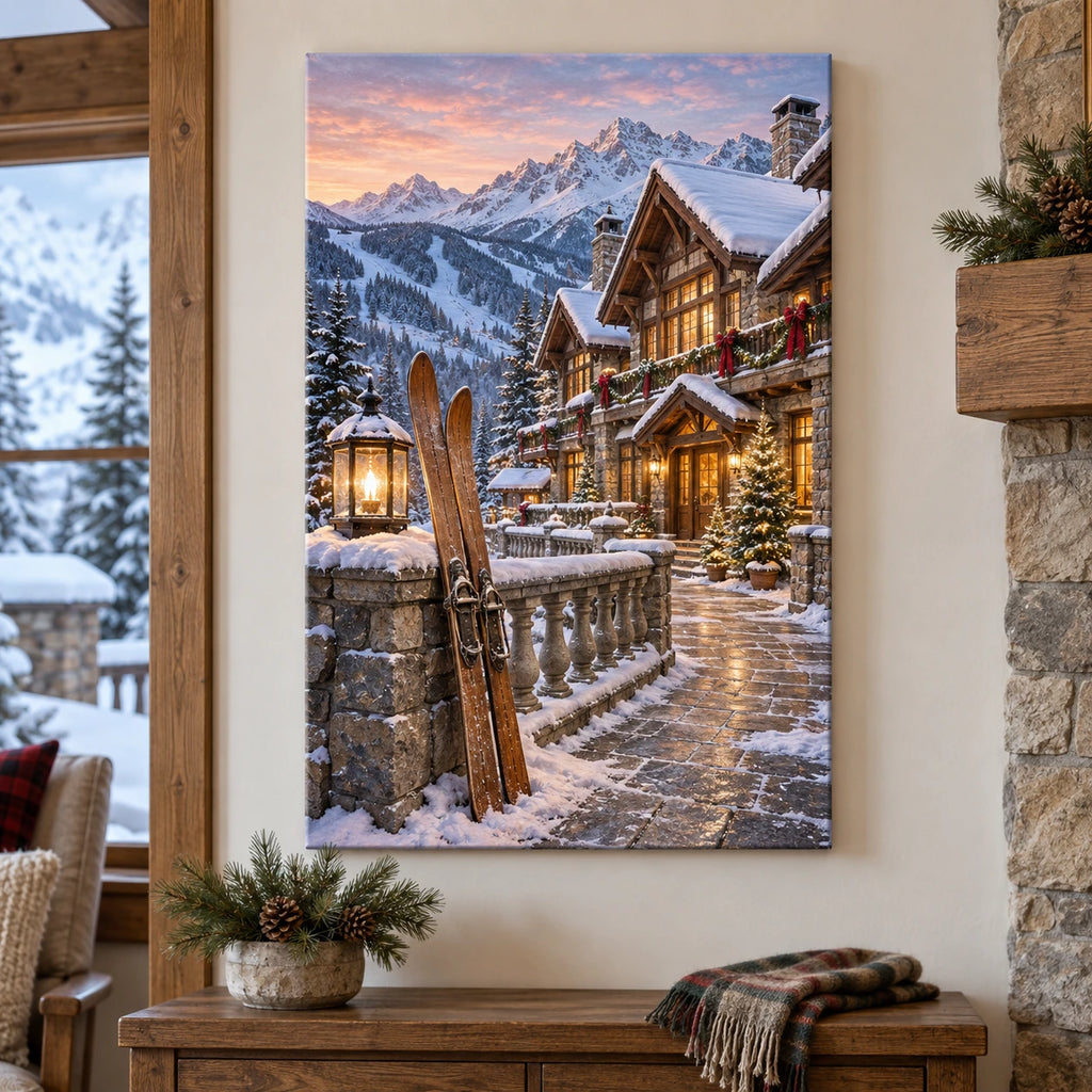Christmas Snow Lodge Stretched Canvas Wall Art with layered printed depth and niche-specific Christmas background
