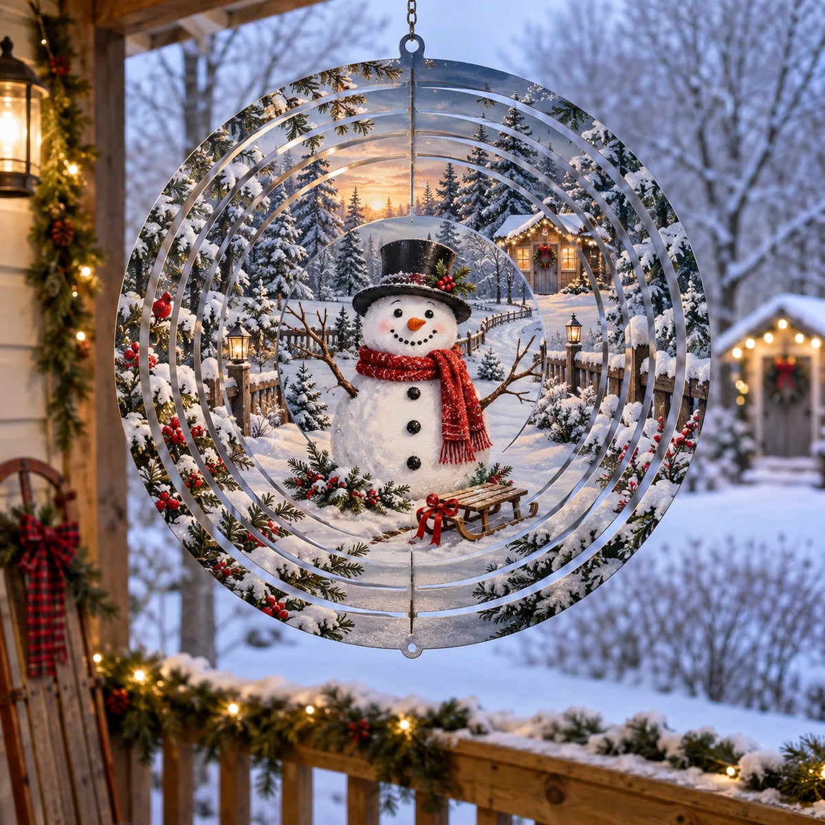 Christmas Snowman Garden Wind Spinner with layered printed depth and niche-specific Christmas background