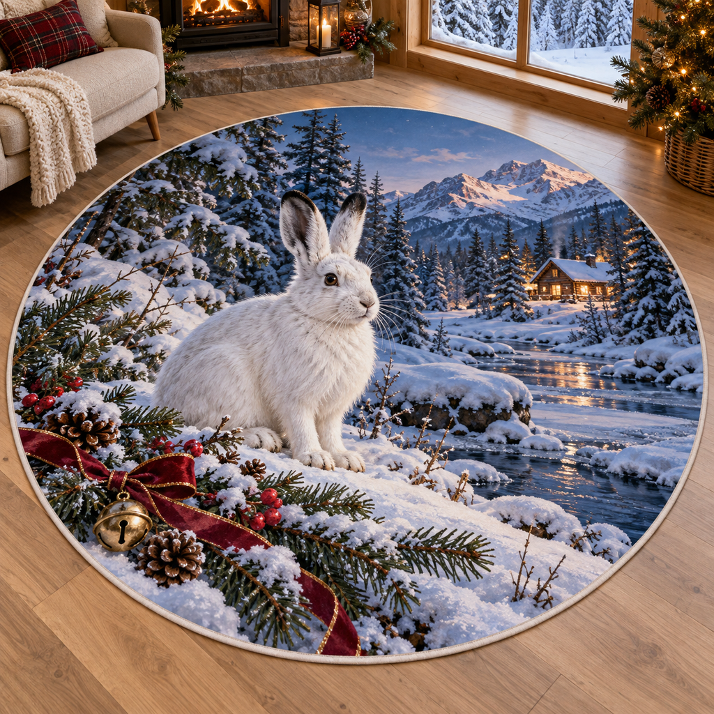 Snowshoe Hare Christmas artwork and layered woodland scenery printed on a flat round mat rug; festive details and apparent relief are printed.