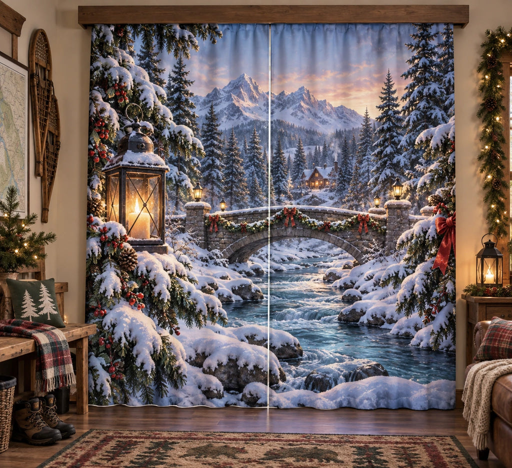 Christmas Snowy Bridge Window Curtain Pair with layered printed depth and niche-specific Christmas background