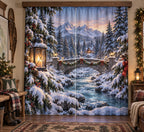 Christmas Snowy Bridge Window Curtain Pair with layered printed depth and niche-specific Christmas background