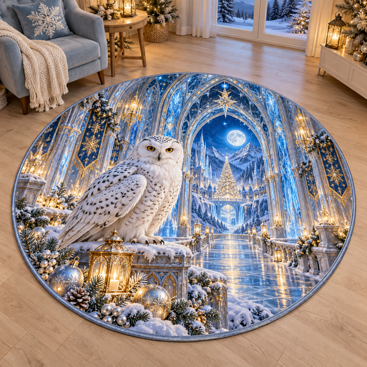 Christmas Snowy Owl Crystal Cathedral Round Mat Rug flat printed mat in a coordinated Christmas room