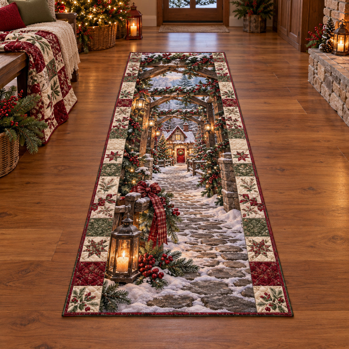Christmas Snowy Quilt Shop Christmas Lane Runner Rug flat printed mat in matching Christmas setting