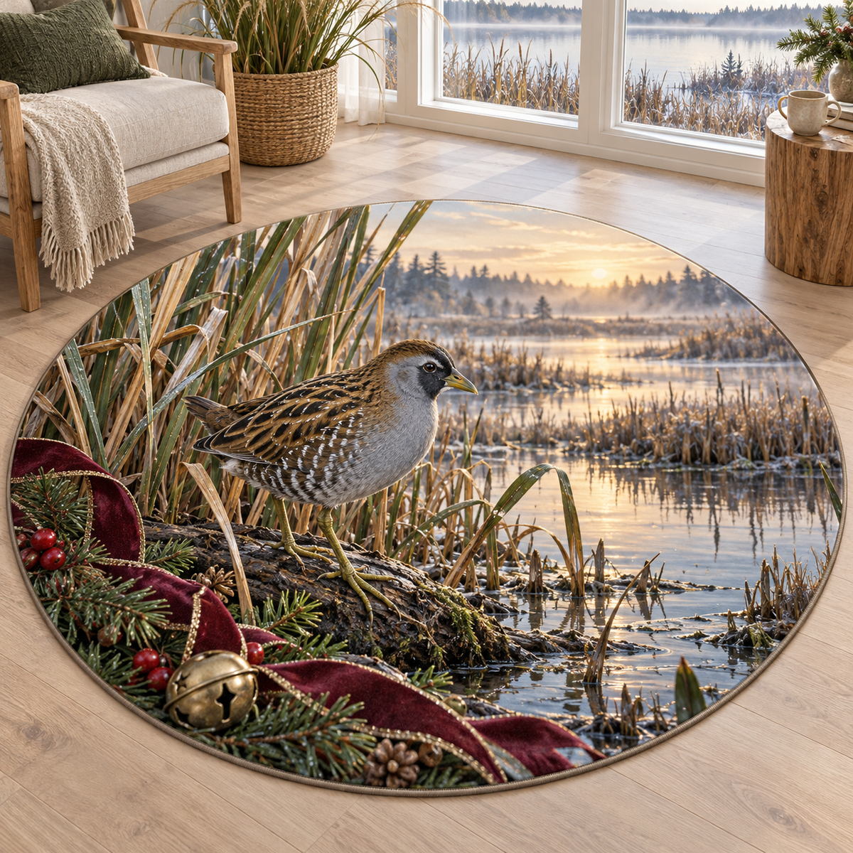 Sora Rail Christmas artwork and layered woodland scenery printed on a flat round mat rug; festive details and apparent relief are printed.