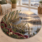Sora Rail Christmas artwork and layered woodland scenery printed on a flat round mat rug; festive details and apparent relief are printed.