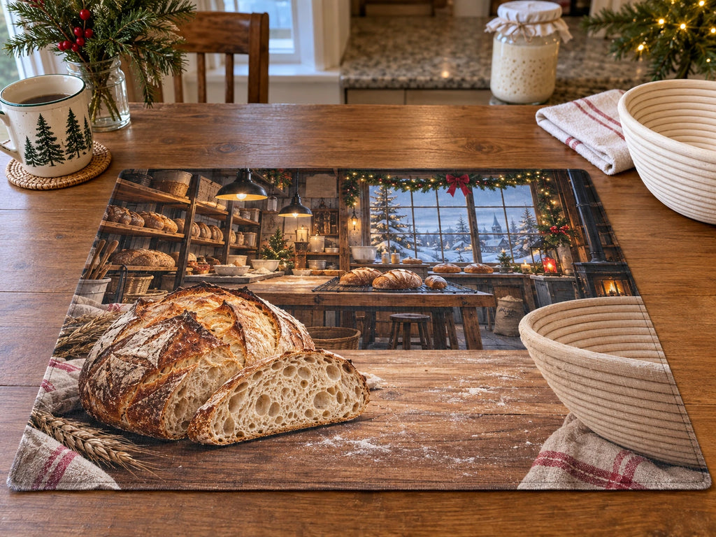 Christmas Sourdough Bakery Placemat with layered printed depth and niche-specific Christmas background