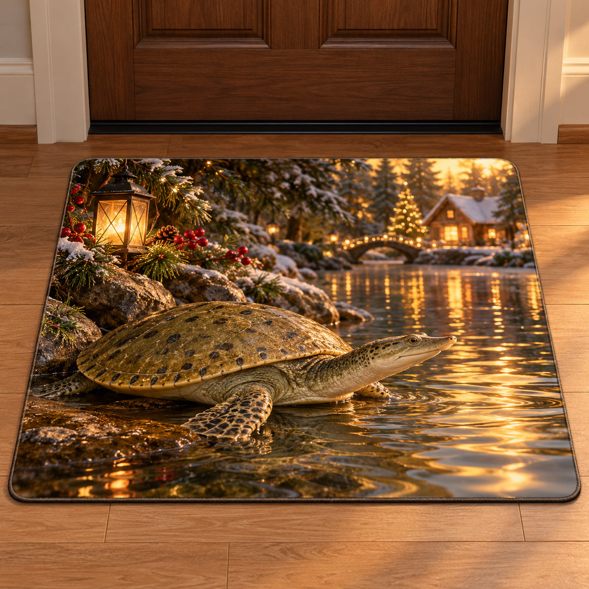 Christmas Spiny Softshell Pond Refuge Doormat flat printed mat in matching Christmas setting