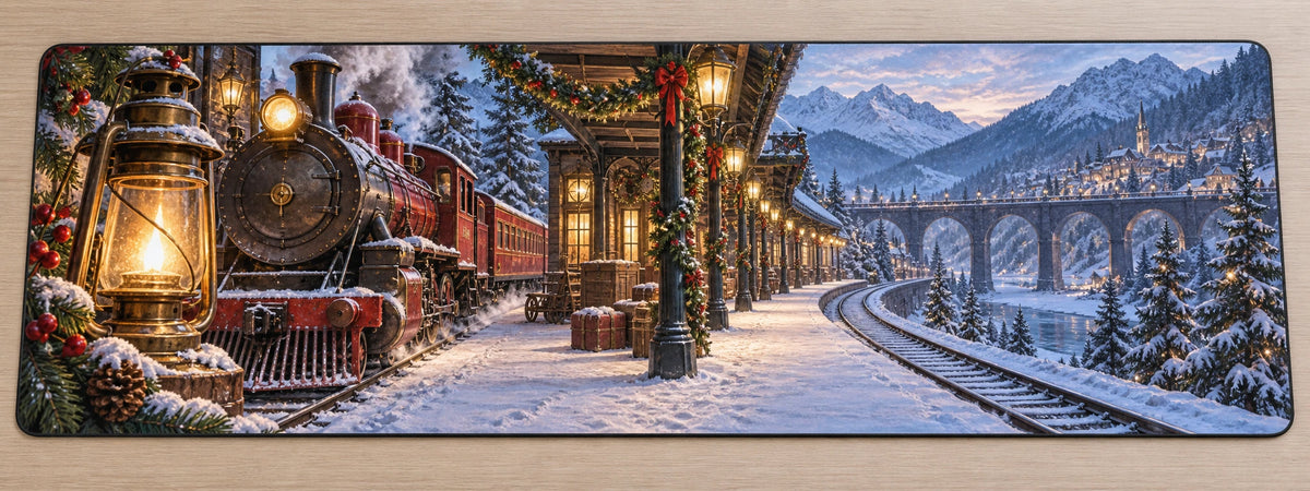 Christmas Steam Train Desk Mat with layered printed depth and niche-specific Christmas background