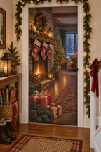 Christmas Stocking Hearth Fabric Door Cover with layered printed depth and niche-specific Christmas background