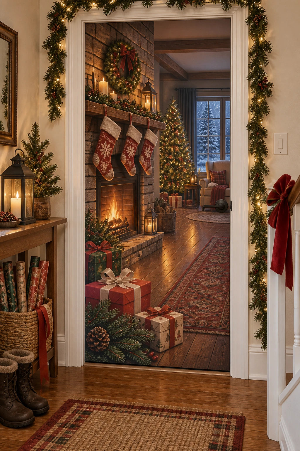 Christmas Stocking Hearth Fabric Door Cover with layered printed depth and niche-specific Christmas background