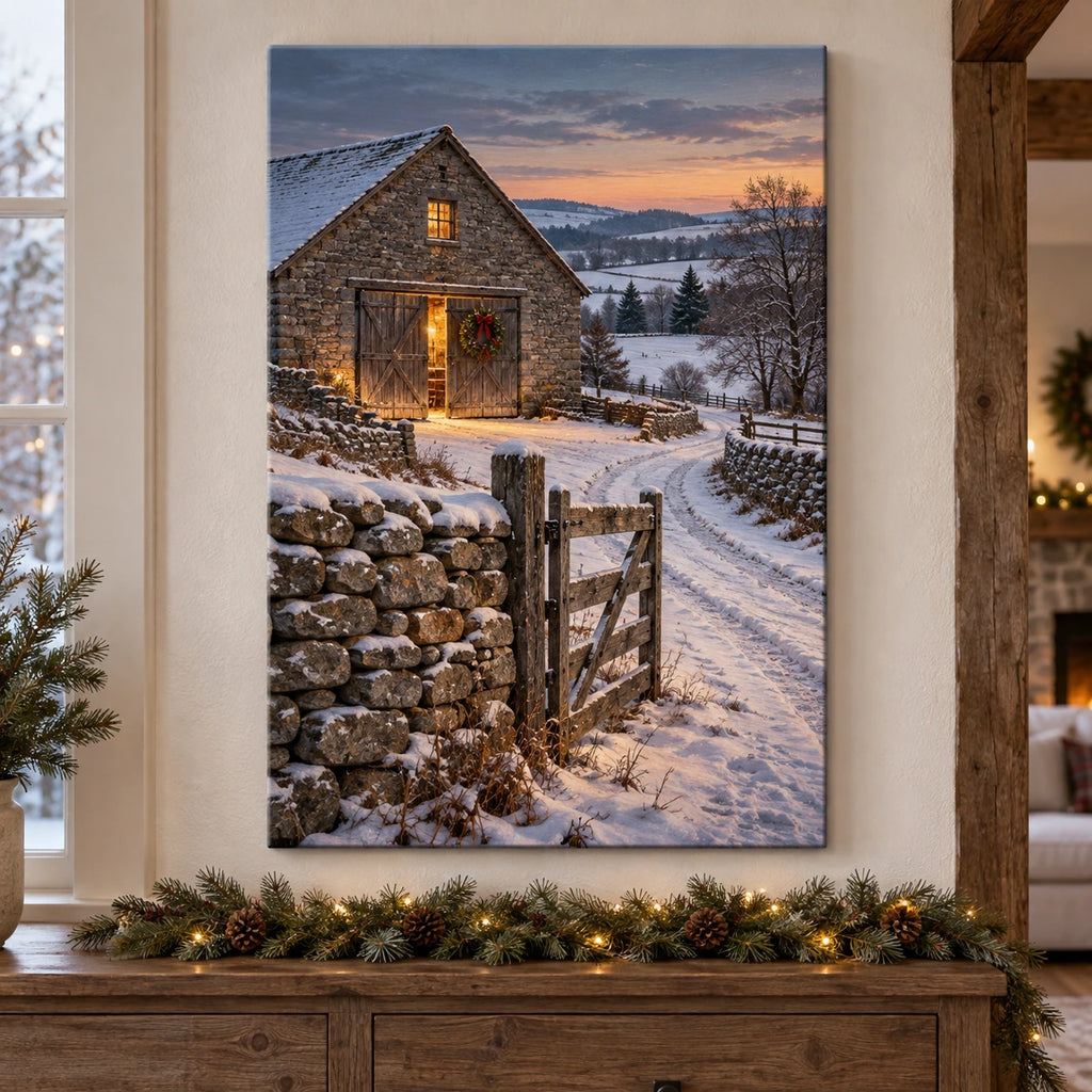 Christmas Stone Barn Stretched Canvas Wall Art with layered printed depth and niche-specific Christmas background