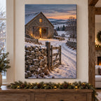 Christmas Stone Barn Stretched Canvas Wall Art with layered printed depth and niche-specific Christmas background