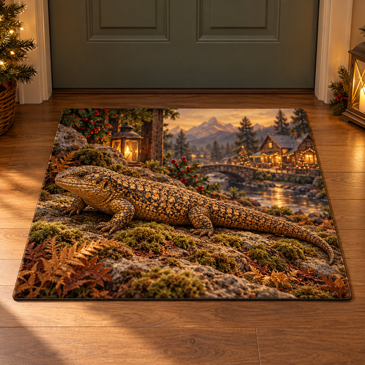 Christmas Sudan Plated Lizard Refuge Doormat flat printed mat in matching Christmas setting