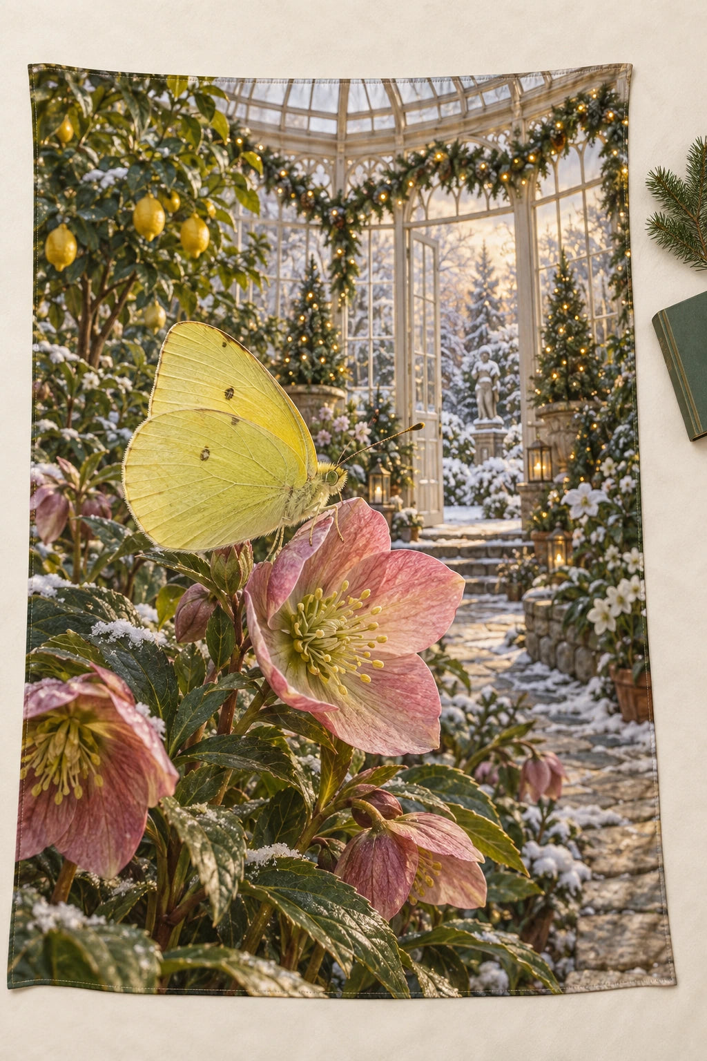 Christmas Sulphur Butterfly Wall Tapestry with layered printed depth and niche-specific Christmas background