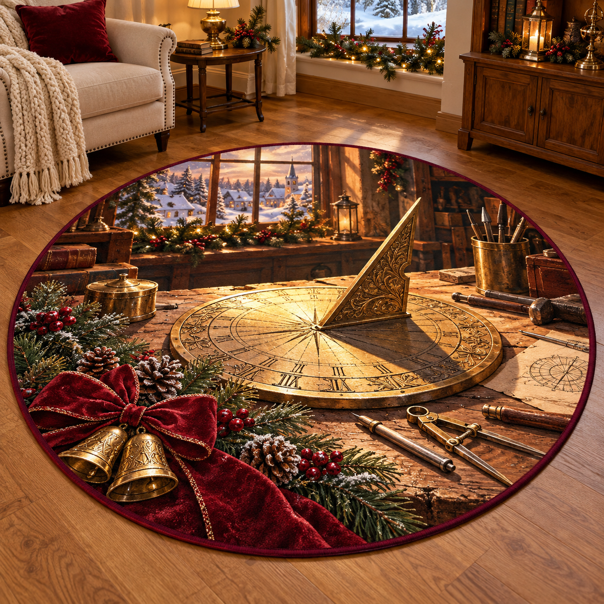 Sundial Workshop Christmas artwork and layered scenic details printed on a flat round mat rug; festive details and apparent relief are printed.