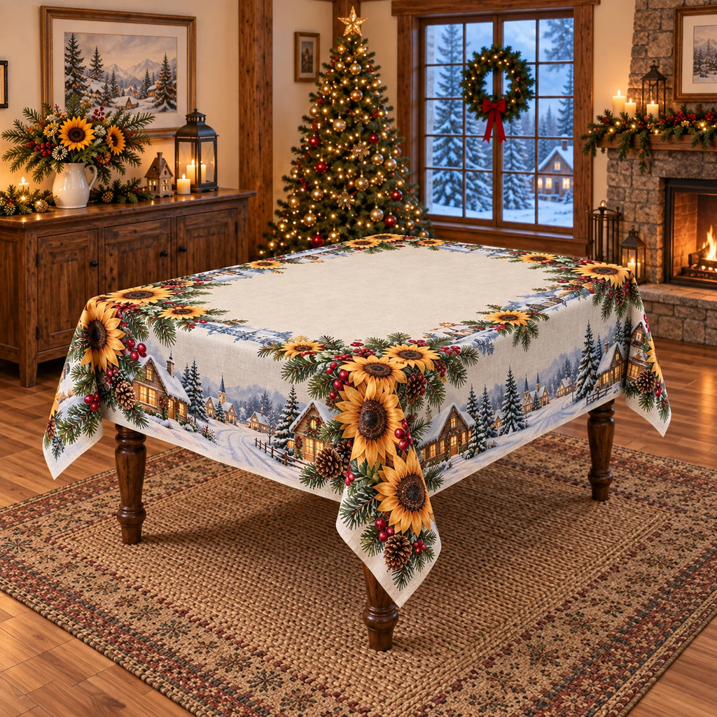 Christmas Sunflower Cottage Tablecloth with layered printed depth and niche-specific Christmas background