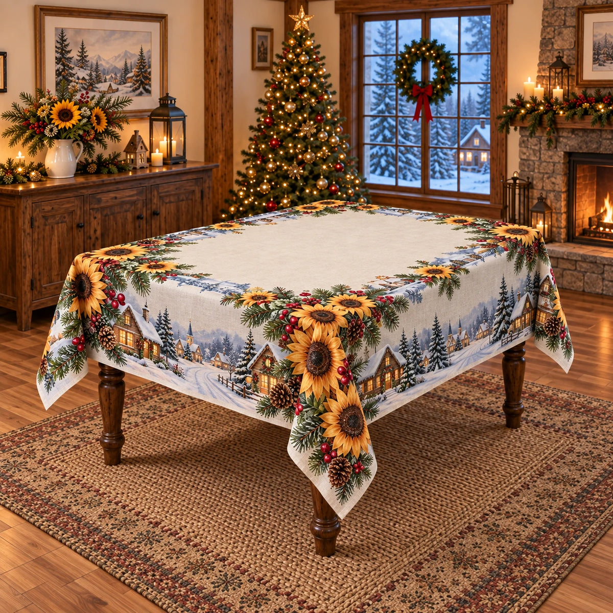 Christmas Sunflower Cottage Tablecloth with layered printed depth and niche-specific Christmas background