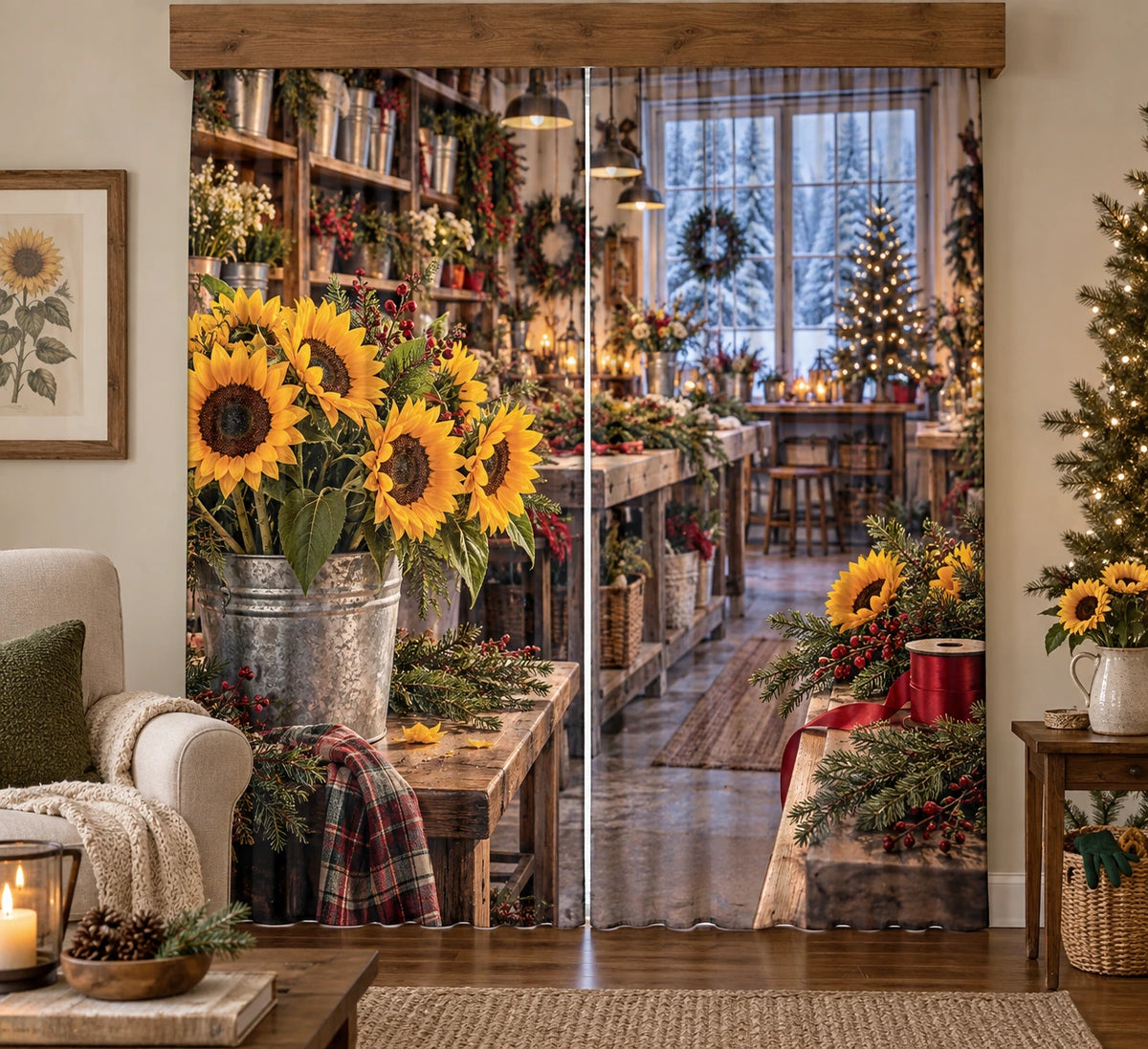 Christmas Sunflower Studio Window Curtain Pair with layered printed depth and niche-specific Christmas background
