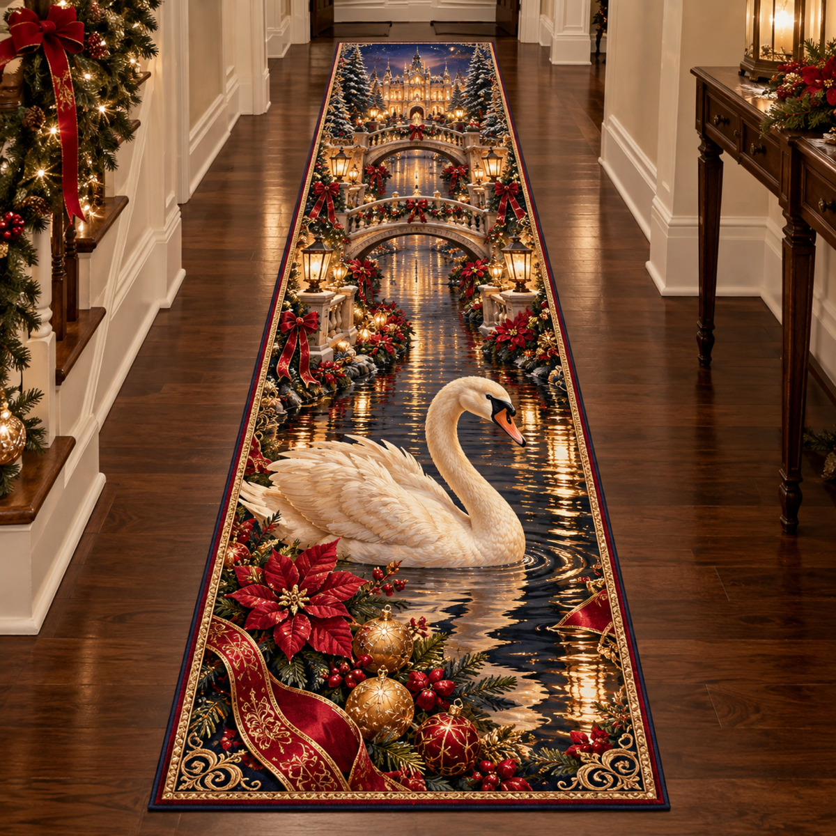 Christmas Swan Ruby Canal Runner Rug flat printed mat in a matching Christmas room