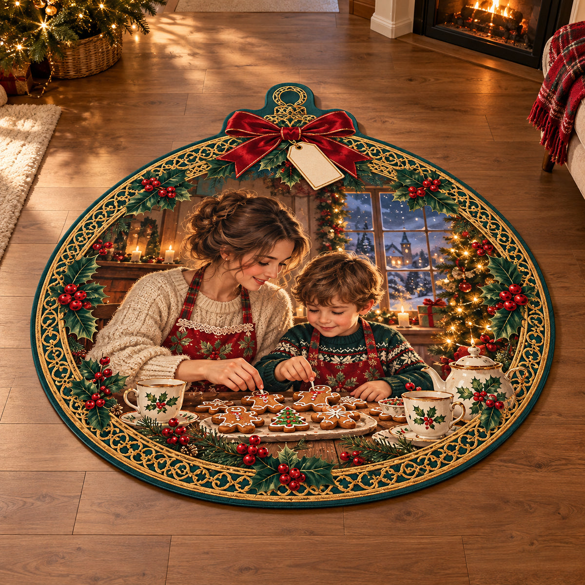 Christmas Tea Infuser Family Tea Custom Shape Area Rug flat printed mat in matching Christmas setting