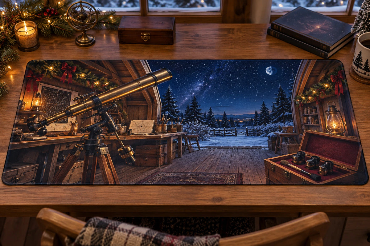 Christmas Telescope Workshop Desk Mat with layered printed depth and niche-specific Christmas background
