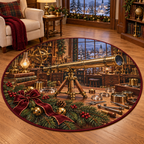Telescope Workshop Christmas artwork and layered scenic details printed on a flat round mat rug; festive details and apparent relief are printed.