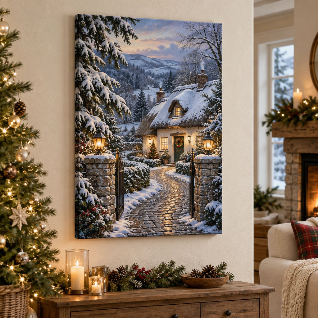 Christmas Thatched Cottage Stretched Canvas Wall Art with layered printed depth and niche-specific Christmas background