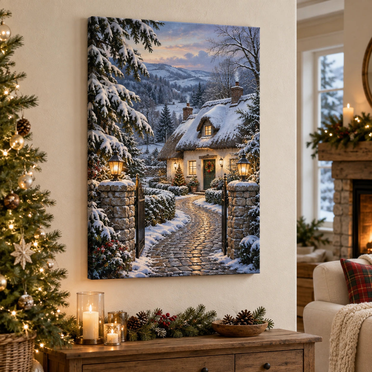 Christmas Thatched Cottage Stretched Canvas Wall Art with layered printed depth and niche-specific Christmas background