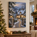 Christmas Thatched Cottage Stretched Canvas Wall Art with layered printed depth and niche-specific Christmas background