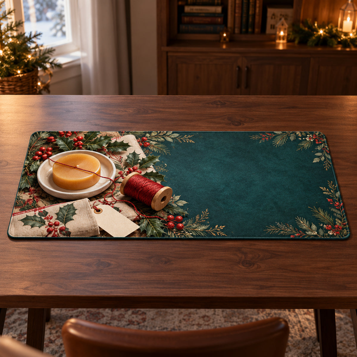 Christmas Thread Wax Family Craft Desk Mat flat printed mat in matching Christmas setting