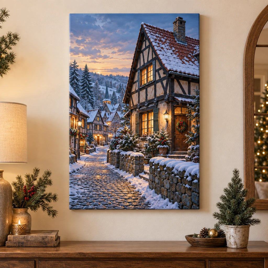 Christmas Timber House Stretched Canvas Wall Art with layered printed depth and niche-specific Christmas background