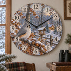 Christmas Titmouse Woodland Wooden Wall Clock with layered printed depth and niche-specific Christmas background