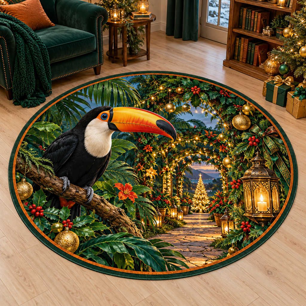 Christmas Toucan Lantern Canopy Round Mat Rug flat printed mat in a matching Christmas room