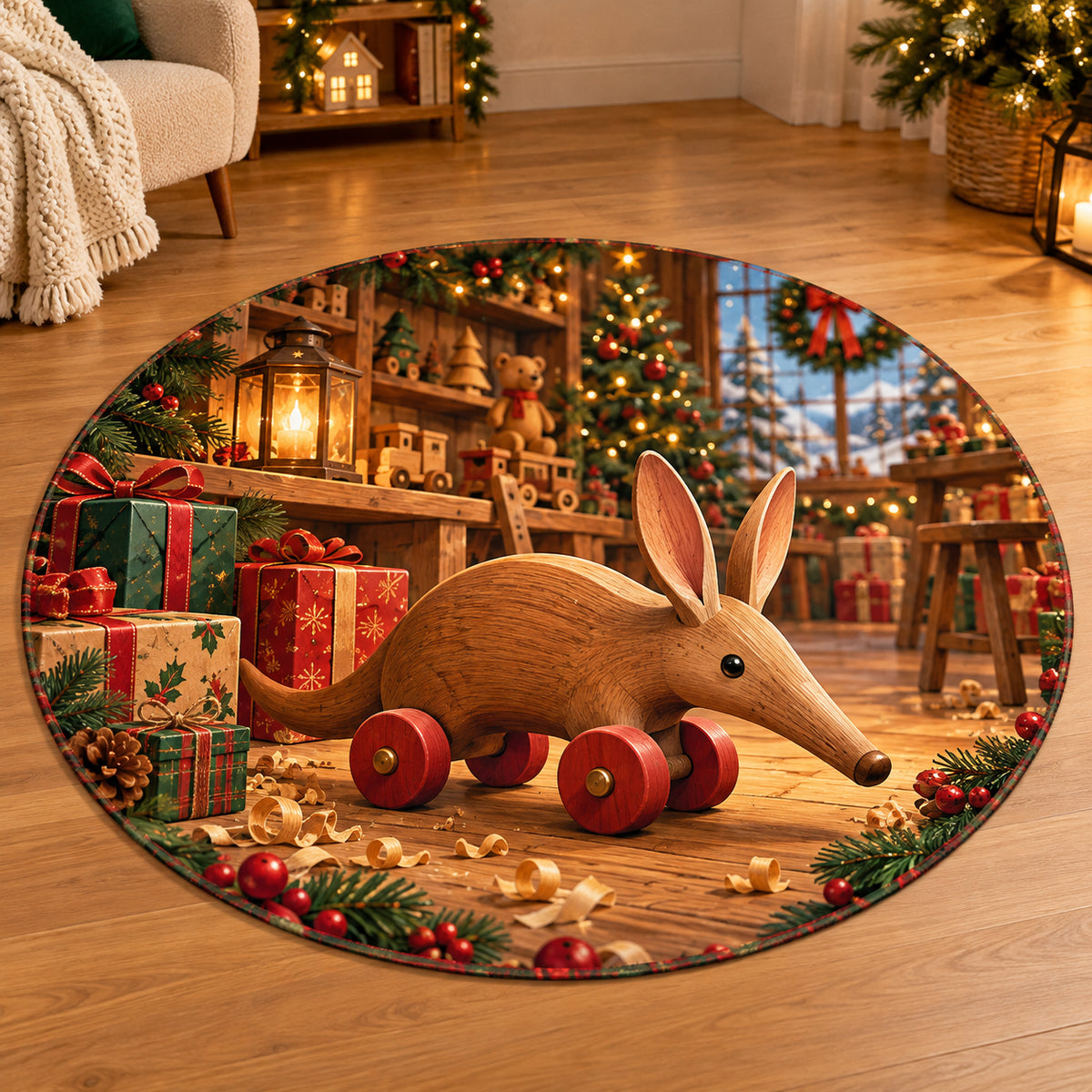 Christmas Toy Aardvark Family Play Round Mat Rug flat printed mat in matching Christmas setting