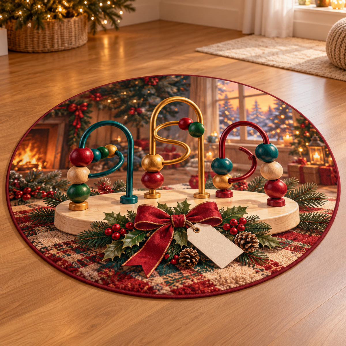 Christmas Toy Bead Maze Family Play Round Mat Rug flat printed design in home playcorner
