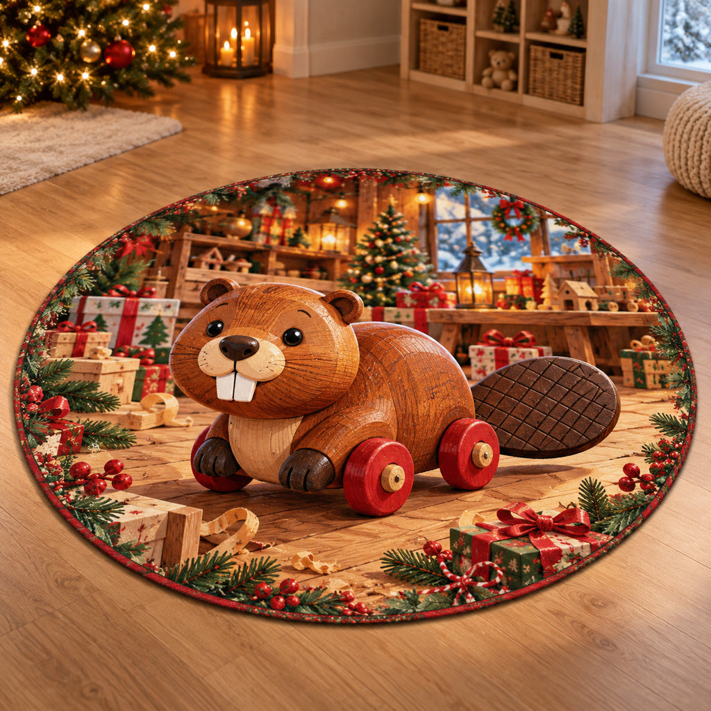Christmas Toy Beaver Family Play Round Mat Rug flat printed mat in matching Christmas setting