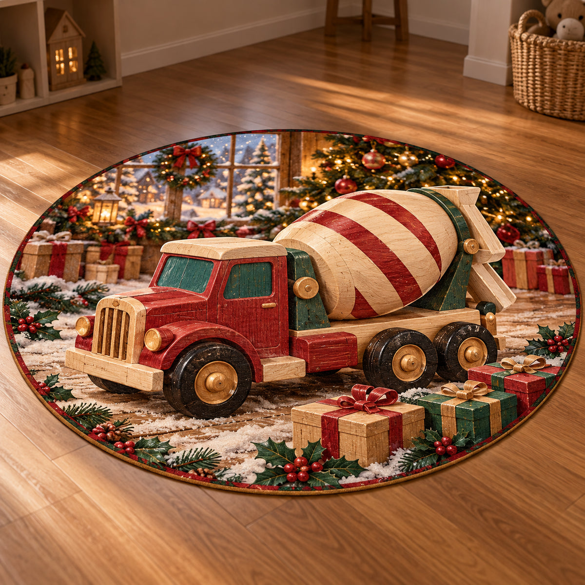 Christmas Toy Cement Mixer Family Play Round Mat Rug flat printed mat in matching Christmas setting