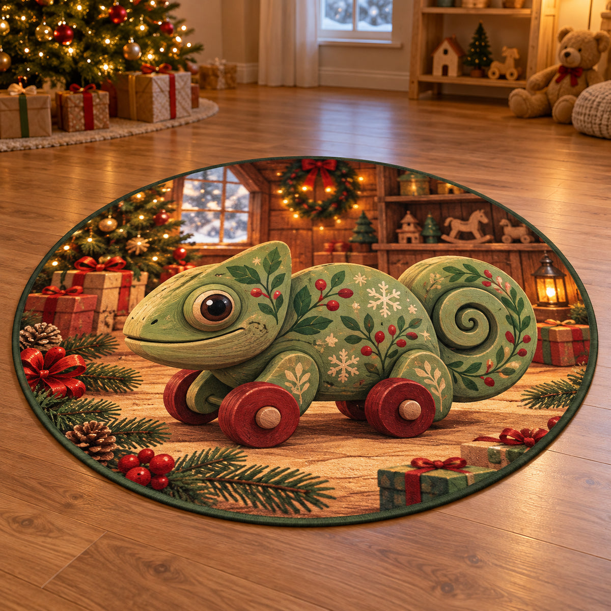 Christmas Toy Chameleon Family Play Round Mat Rug flat printed mat in matching Christmas setting