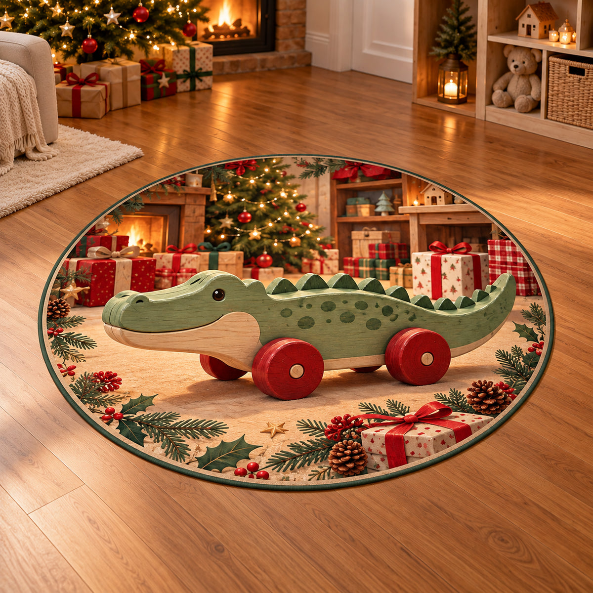 Christmas Toy Crocodile Family Play Round Mat Rug flat printed mat in matching Christmas setting