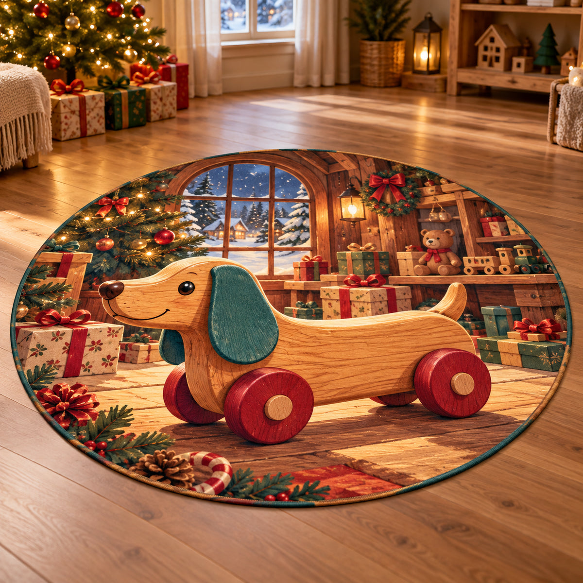 Christmas Toy Dachshund Family Play Round Mat Rug flat printed mat in matching Christmas setting