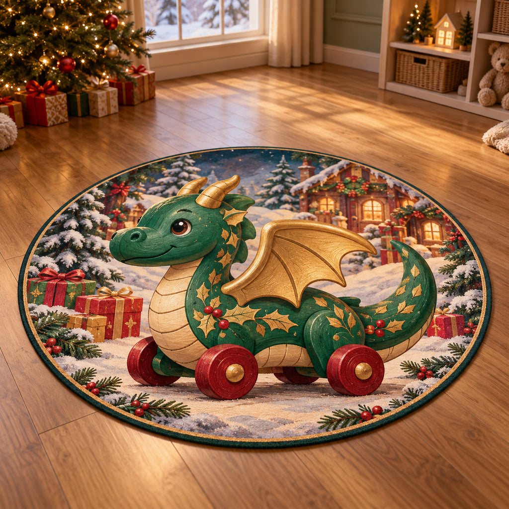Christmas Toy Dragon Family Play Round Mat Rug flat printed mat in matching Christmas setting