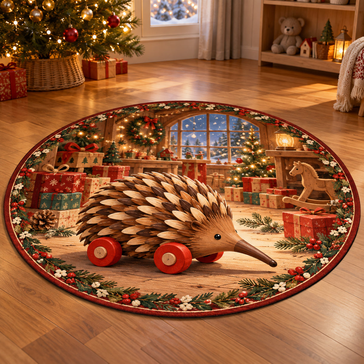 Christmas Toy Echidna Family Play Round Mat Rug flat printed mat in matching Christmas setting