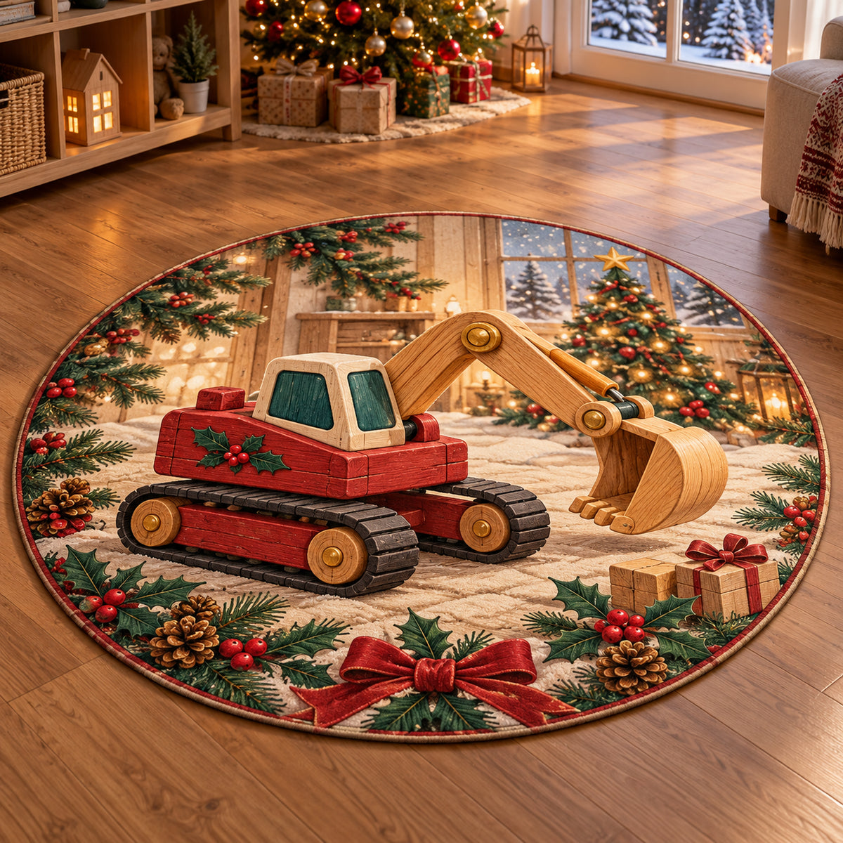 Christmas Toy Excavator Family Play Round Mat Rug flat printed mat in matching Christmas setting