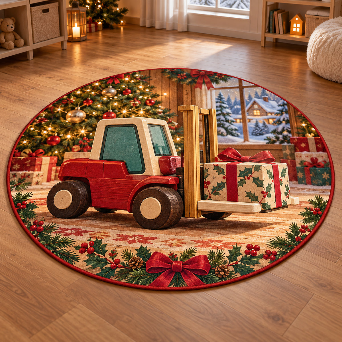 Christmas Toy Forklift Family Play Round Mat Rug flat printed mat in matching Christmas setting