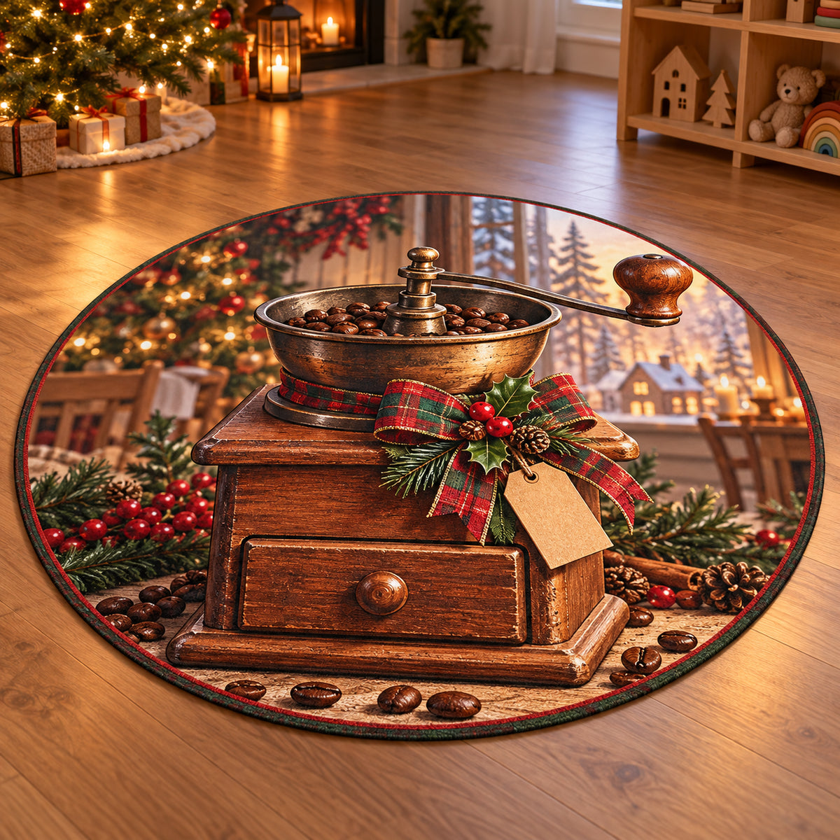 Christmas Toy Grinder Family Morning Round Mat Rug flat printed mat in matching Christmas setting