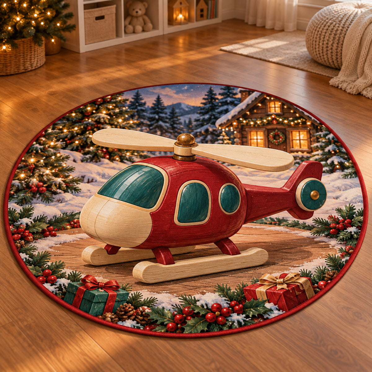 Christmas Toy Helicopter Family Play Round Mat Rug flat printed mat in matching Christmas setting