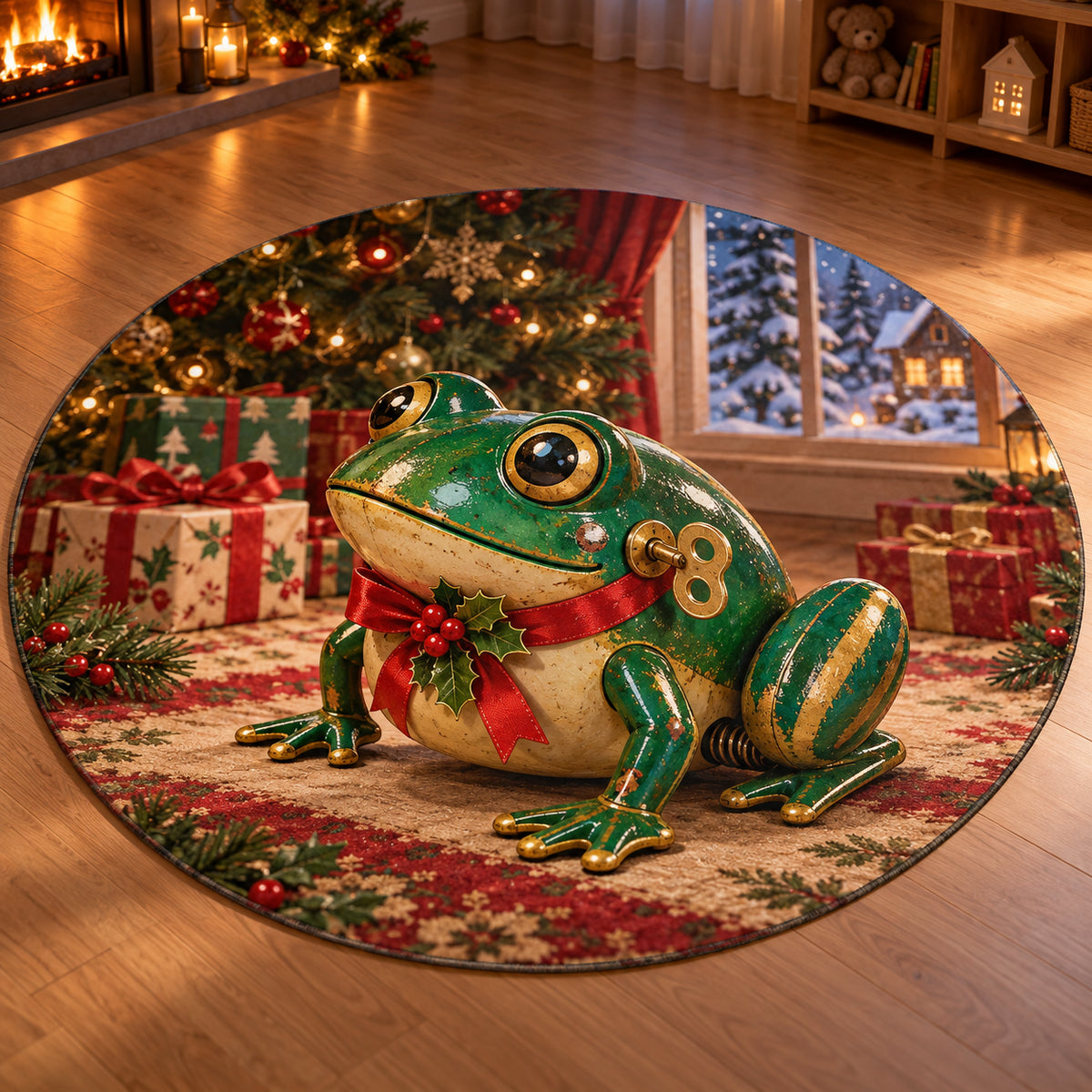 Christmas Toy Hopping Frog Family Play Round Mat Rug flat printed mat in matching Christmas setting