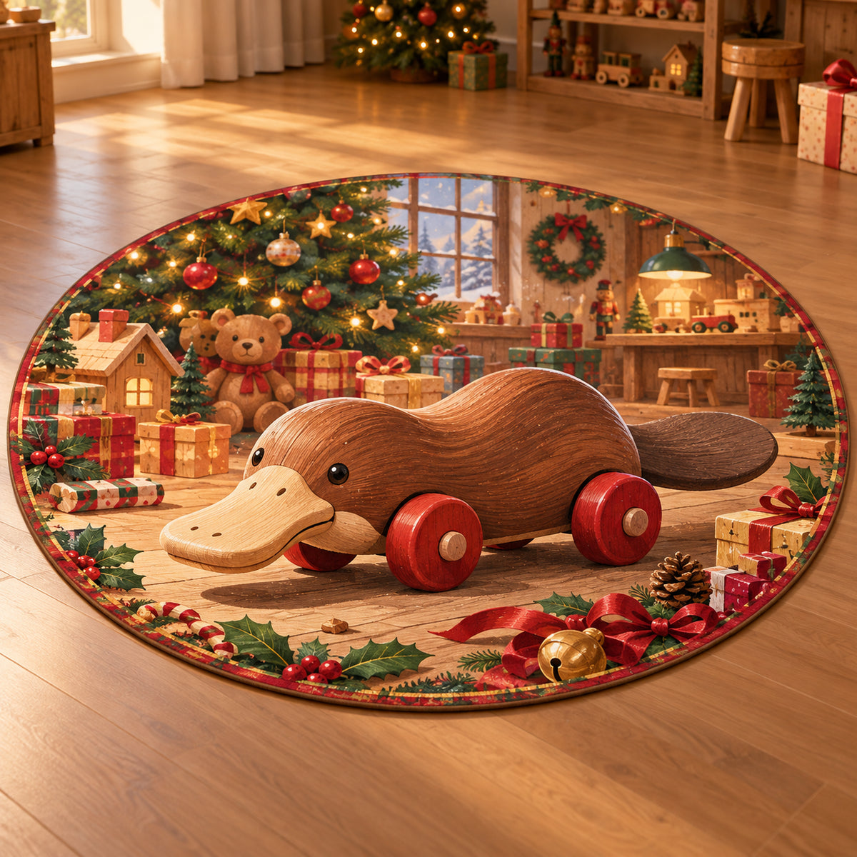 Christmas Toy Platypus Family Play Round Mat Rug flat printed mat in matching Christmas setting