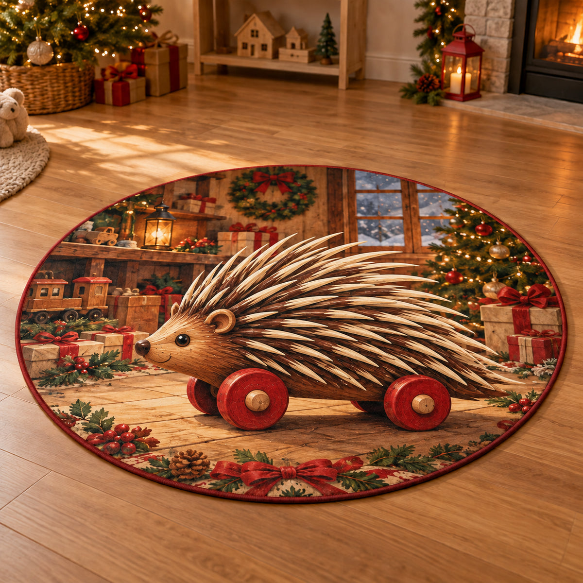 Christmas Toy Porcupine Family Play Round Mat Rug flat printed mat in matching Christmas setting